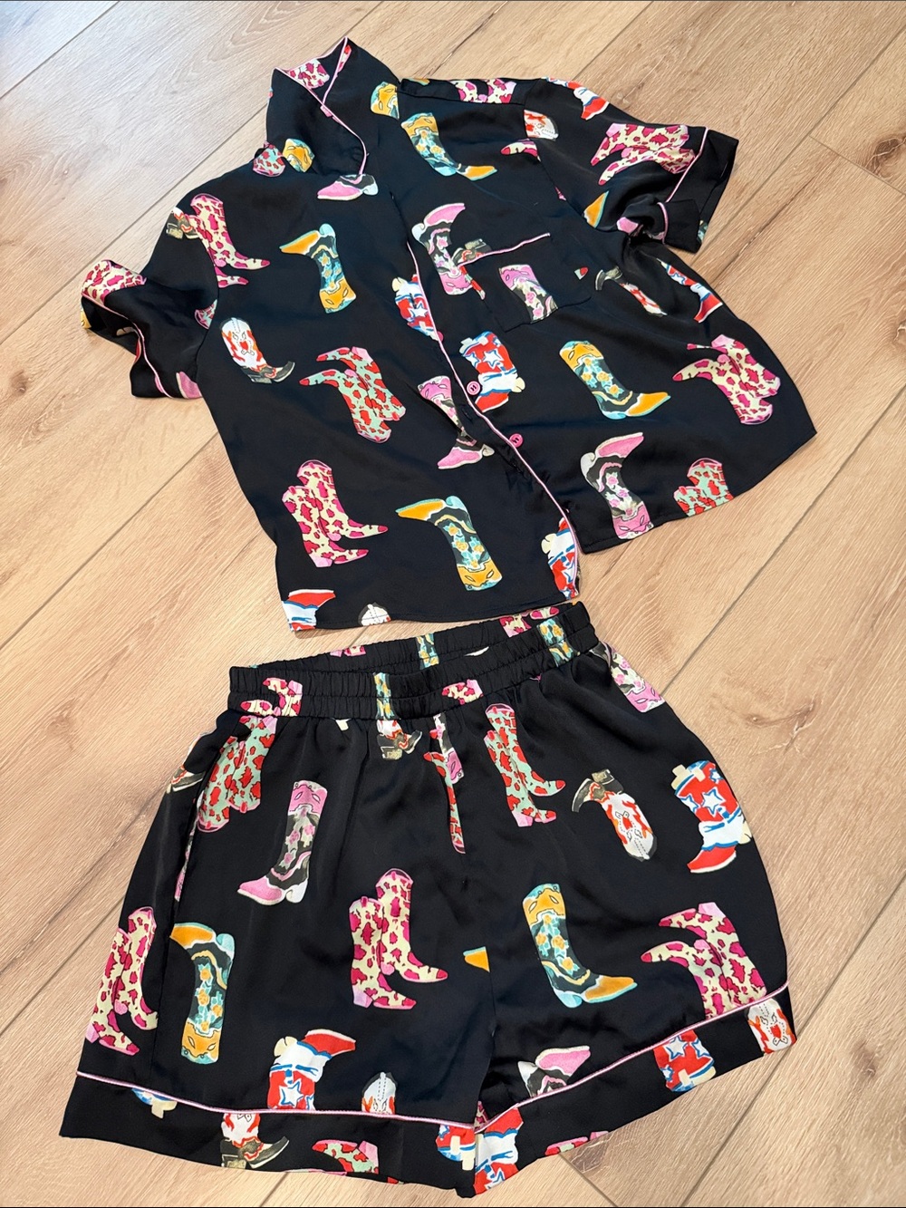 Black Pajama Set with Colorful Cowboy Boot Print